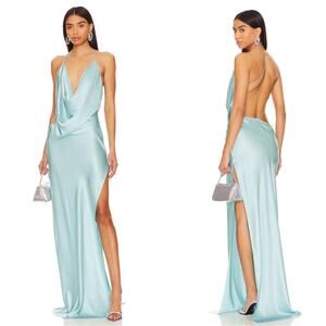 Michael Lo Sordo Iced Bias Draped Asymmetric Silk Maxi Dress in Blue Size 4